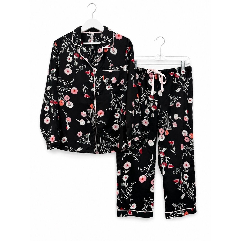 Gilligan & O'malley Black Satin Pajama Set Floral Pattern Cropped Pants Size Med